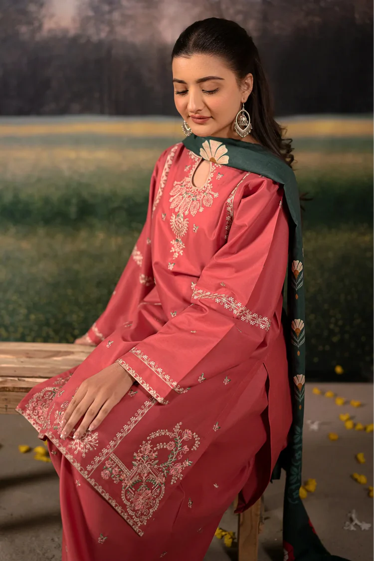 URGE-3PC DHANAK EMBROIDERED SHIRT WITH COURTRAI PRINTED SHAWL AND EMB TROUSER-BIC-4203