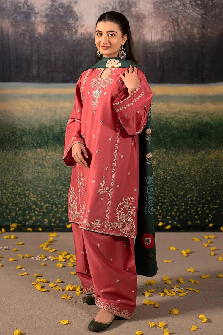 URGE-3PC DHANAK EMBROIDERED SHIRT WITH COURTRAI PRINTED SHAWL AND EMB TROUSER-BIC-4203