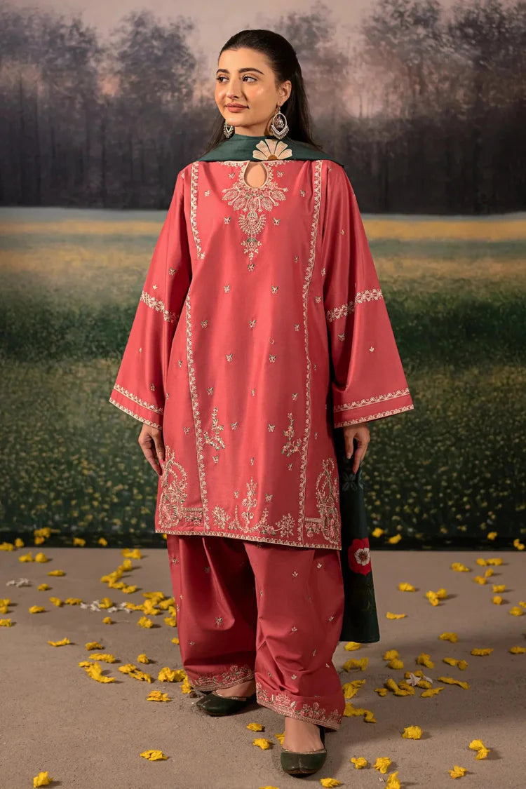 URGE-3PC DHANAK EMBROIDERED SHIRT WITH COURTRAI PRINTED SHAWL AND EMB TROUSER-BIC-4203