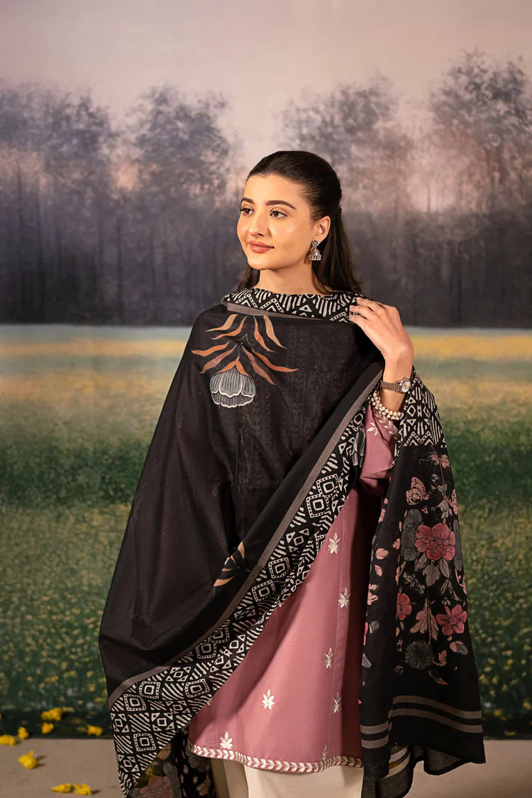 URGE-3PC DHANAK EMBROIDERED SHIRT WITH COUTRAI WOOL PRINTED SHAWL AND EMB TROUSER-BIC-4086