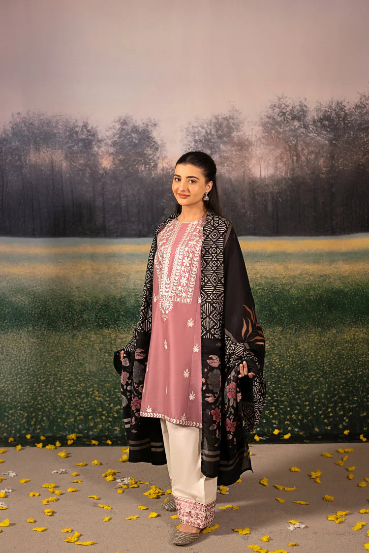 URGE-3PC DHANAK EMBROIDERED SHIRT WITH COUTRAI WOOL PRINTED SHAWL AND EMB TROUSER-BIC-4086