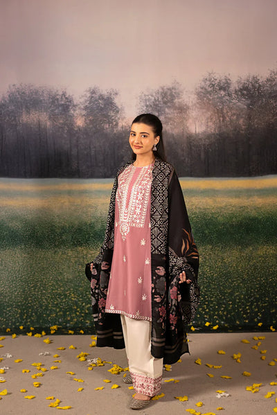 URGE-3PC DHANAK EMBROIDERED SHIRT WITH COUTRAI WOOL PRINTED SHAWL AND EMB TROUSER-BIC-4086