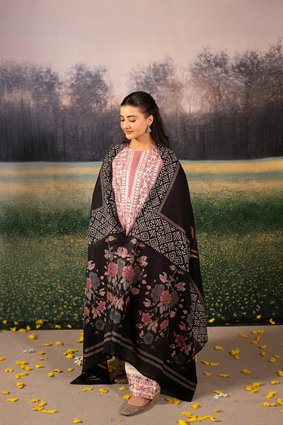 URGE-3PC DHANAK EMBROIDERED SHIRT WITH COUTRAI WOOL PRINTED SHAWL AND EMB TROUSER-BIC-4086