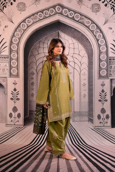 URGE-3PC DHANAK EMBROIDERED SHIRT WITH COUTRAI PRINTED SHAWL & EMB TROUSER-BIC-4126