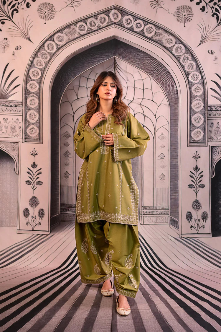 URGE-3PC DHANAK EMBROIDERED SHIRT WITH COUTRAI PRINTED SHAWL & EMB TROUSER-BIC-4126