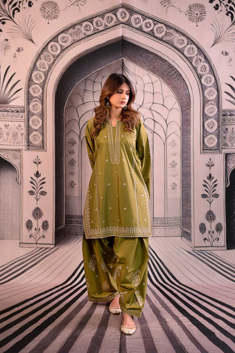 URGE-3PC DHANAK EMBROIDERED SHIRT WITH COUTRAI PRINTED SHAWL & EMB TROUSER-BIC-4126