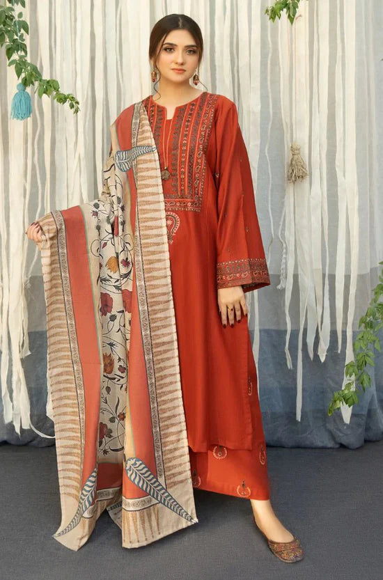 URGE-3PC DHANAK EMBROIDERED SHIRT WITH COURTRAI PRINTED SHAWL AND TROUSER-BIC-4136