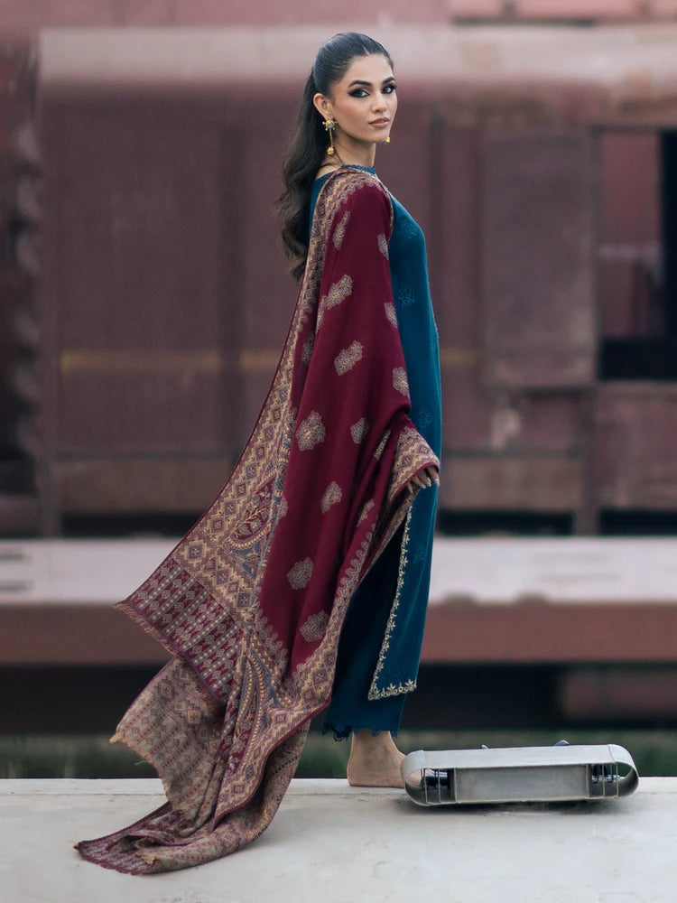 IZEL-3PC DHANAK EMBROIDERED SHIRT WITH COURTRAI PRINTED SHAWL & TROUSER-BIC-4226