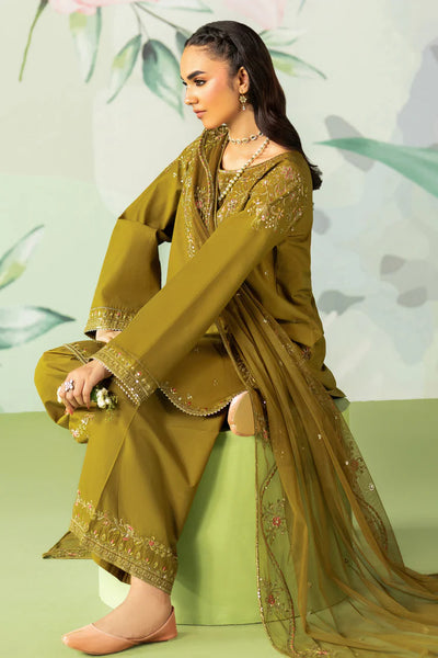 ETHNC-3PC DHANAK SEQUIN EMBROIDERED SHIRT WITH COTTON NET EMBROIDERED DUPATTA AND TROUSER-BIC-4194