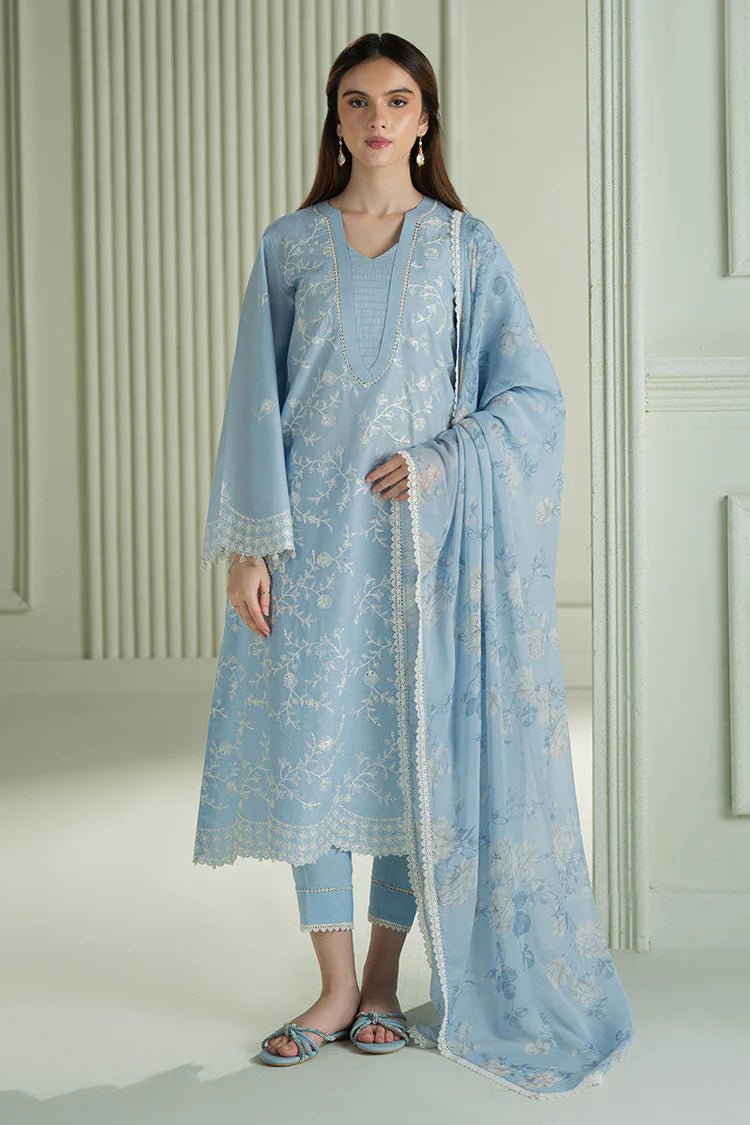 CROSS STITCH-3PC DHANAK EMBROIDERED SHIRT WITH COUTRAI PRINTED SHAWL AND TROUSER-BIC-4109