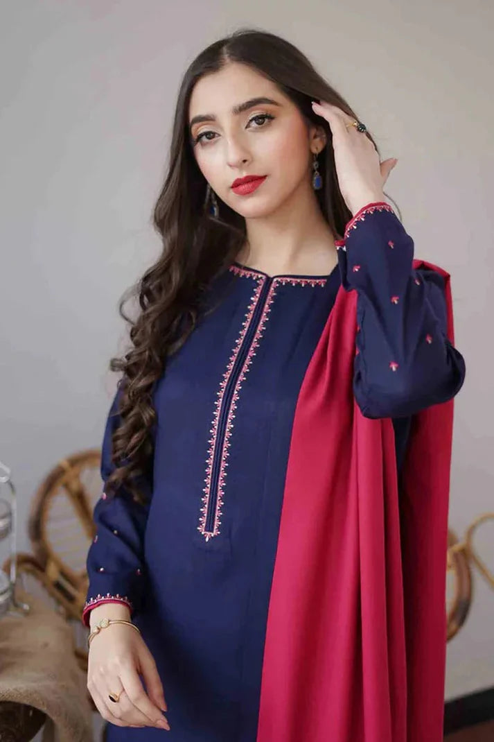 3PC Unstitched Dhanak Embroidered Shirt with Embroidered Dhanak Shawl and Trousers -QA015