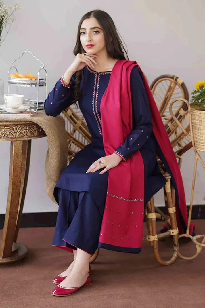 3PC Unstitched Dhanak Embroidered Shirt with Embroidered Dhanak Shawl and Trousers -QA015