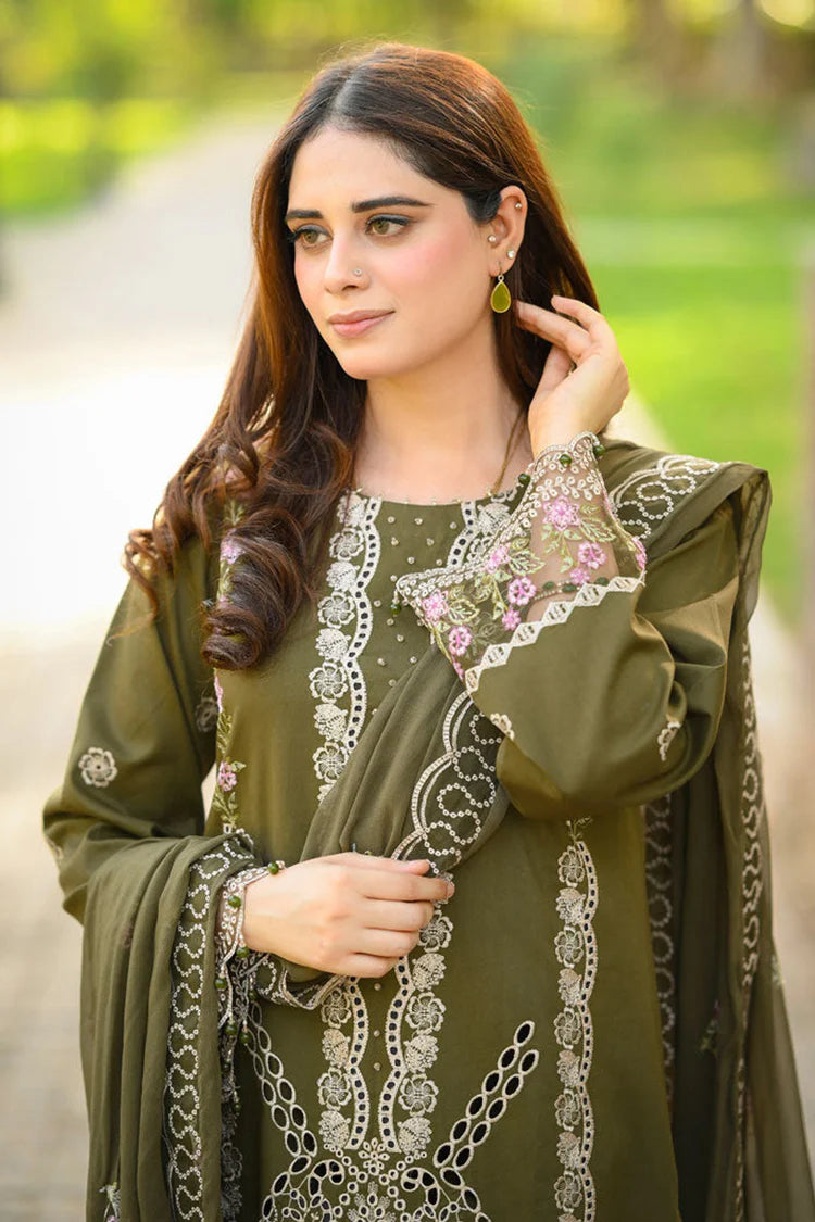 LIBAAS-3PC KARANDI EMBROIDERED SHIRT WITH KARANDI EMBROIDERED SHAWL & EMB TROUSER-BIC-4298